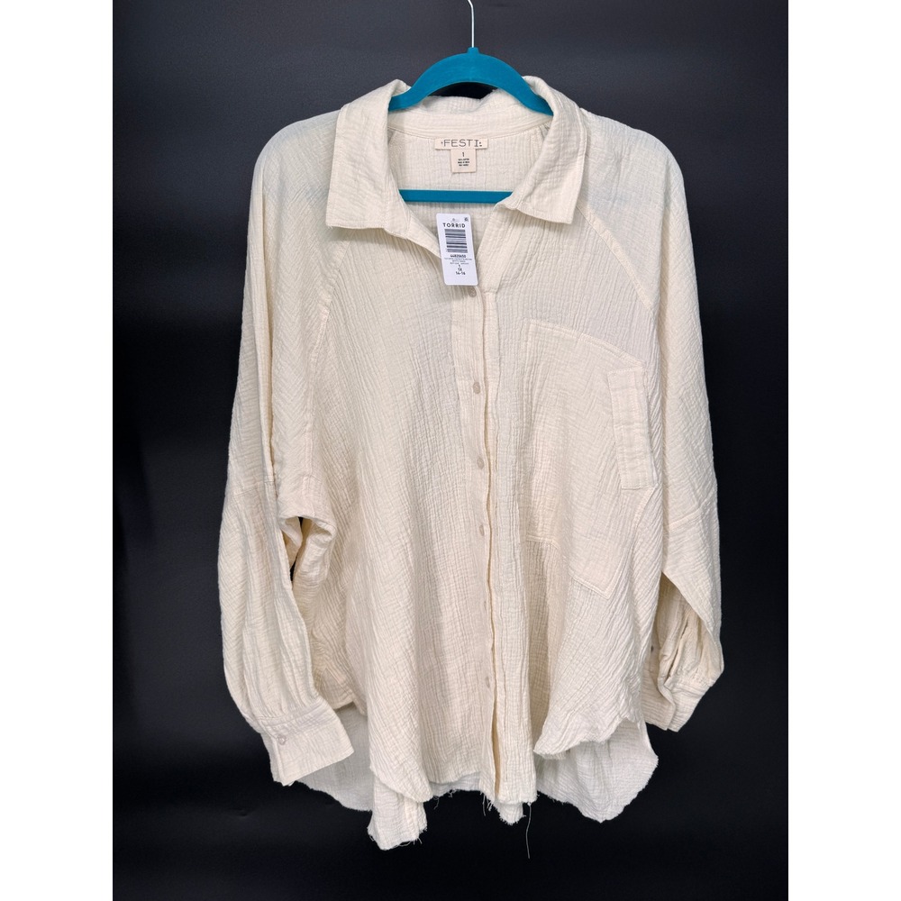 Torrid Tunic Women 1X White Swan NWT Festi Cotton Relaxed Button Up Frayed Hem